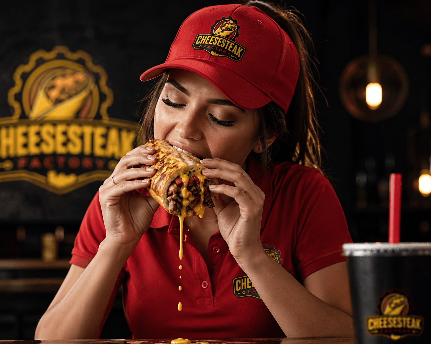 Agent Cheesesteak Factory degustant un cheesesteak