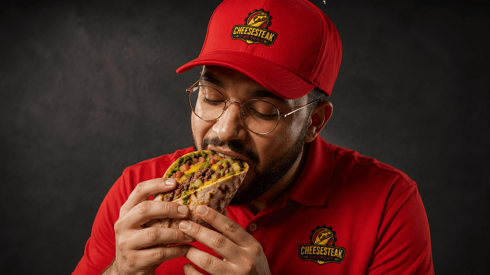 Agent Cheesesteak Factory mangeant un cheesesteak